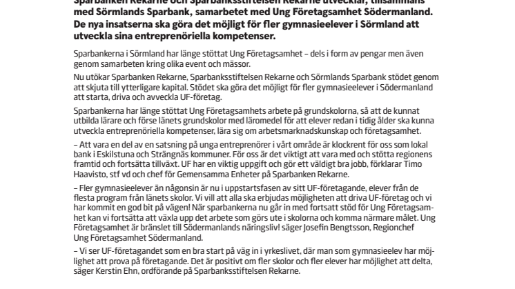 Sparbanken Rekarne del av miljonsatsning på Ung Företagsamhet