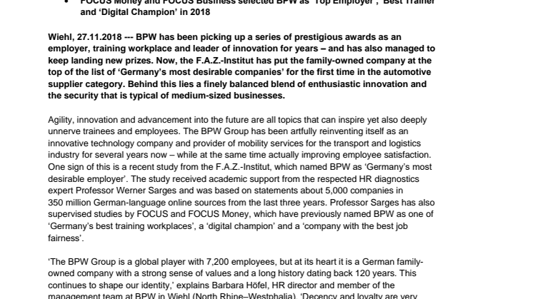 With awards from F.A.Z. to FOCUS: BPW is a top employer offering impressive training opportunities