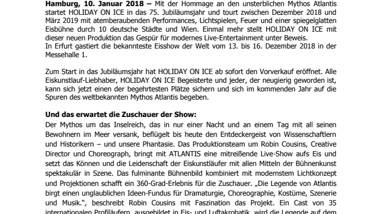 HOLIDAY ON ICE eröffnet Vorverkauf zur Jubiläumssaison 2018/2019 für Show ATLANTIS in Erfurt