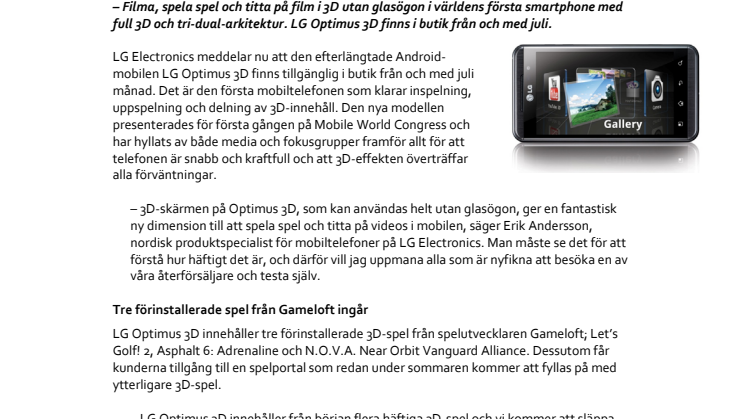LG:s 3D-mobil Optimus 3D är klar för leverans 