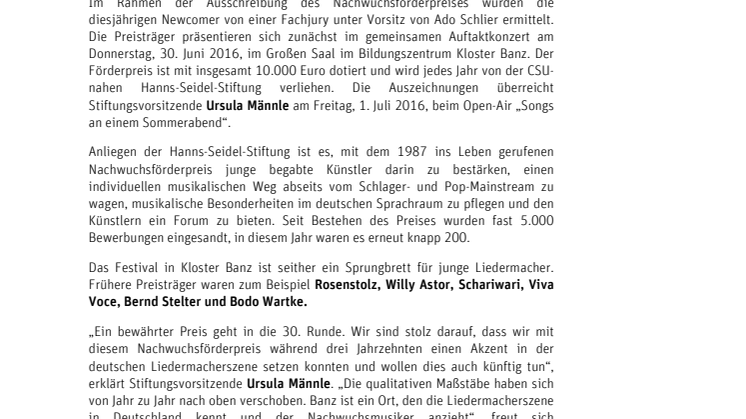 Verleihung des Nachwuchsförderpreises für junge Liedermacher in Kloster Banz zum 30. Mal im Rahmen der „Songs“