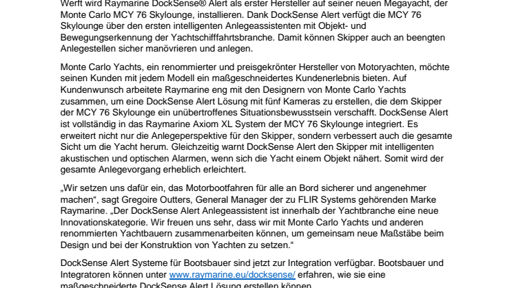 Monte Carlo Yachts integriert als erster Yachtbauer Raymarine DockSense Alert 