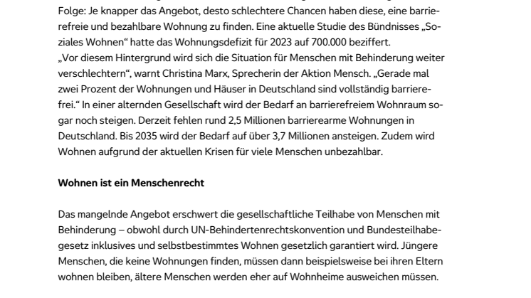 Wohnungsnotstand spitzt sich für Menschen mit Behinderung zu / Aktion Mensch warnt vor zunehmender Ausgrenzung auf dem Wohnungsmarkt