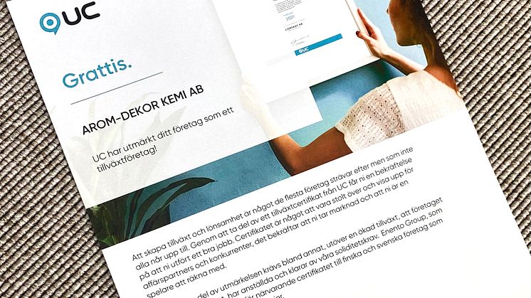 Arom-dekor Kemi AB har tilldelats ett Nordiskt Tillväxtsigill av UC