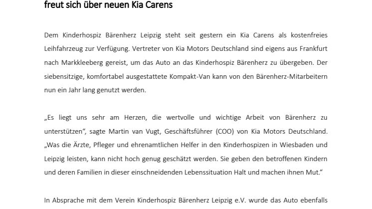 Schlüsselübergabe in Markkleeberg: Leipziger Kinderhospiz Bärenherz freut sich über neuen Kia Carens 