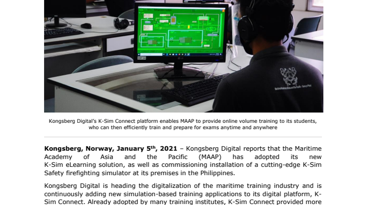 Maritime Academy of Asia and the Pacific adopts Kongsberg Digital’s simulation-based eLearning solutions