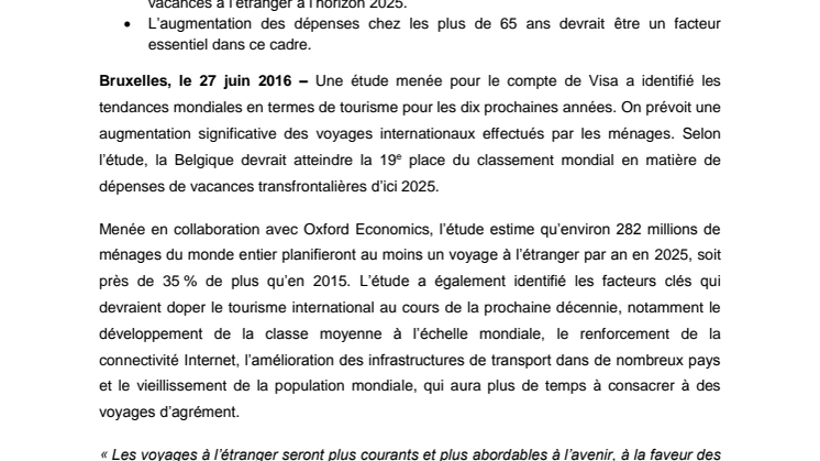 Une étude Visa se penche sur les voyages internationaux des ménages à l’horizon 2025 :  La Belgique devrait se classer à la 19e place à l’échelle mondiale