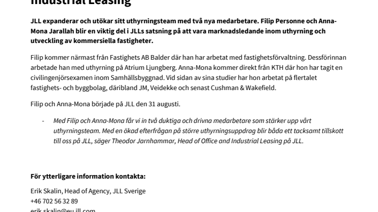 JLL expanderar och rekryterar inom Office and Industrial Leasing
