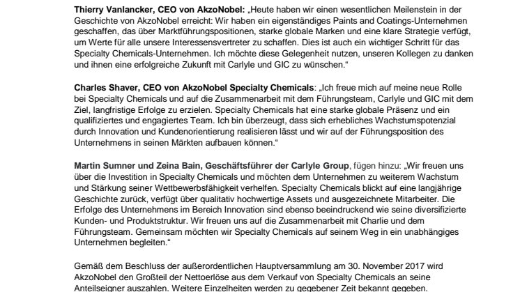 AkzoNobel schließt den Verkauf von Specialty Chemicals an The Carlyle Group und GIC ab