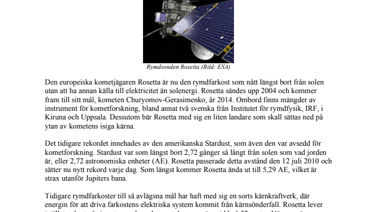 Längst bort i rymden med solens kraft -- europeisk rymdsond och svenska mätinstrument sätter solenergirekord