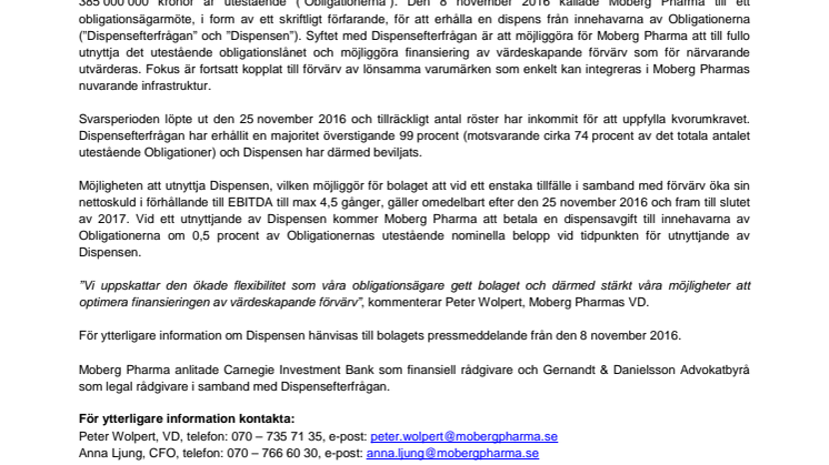 Moberg Pharma erhåller obligationsinnehavares godkännande avseende ökad flexibilitet för förvärvsfinansiering