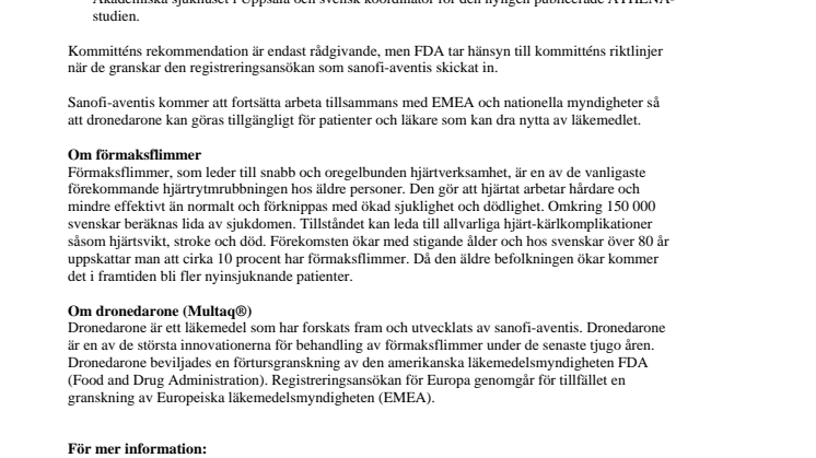FDA:s rådgivande kommitté rekommenderar godkännande av dronedarone