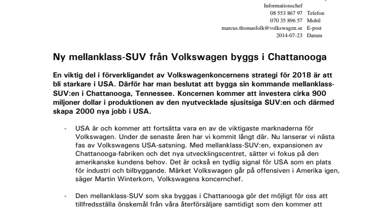 Ny mellanklass-SUV från Volkswagen byggs i Chattanooga