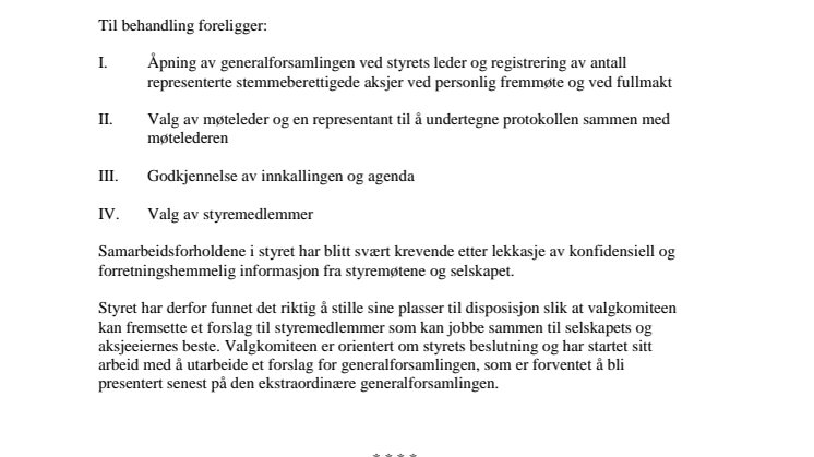 Innkalling til ekstraordinær generalforsamling