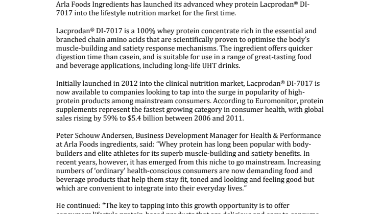 Arla Foods Ingredients targets lifestyle nutrition opportunity with Lacprodan® DI-7017