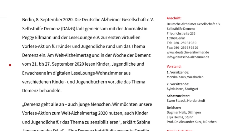 „Demenz – wir müssen reden!“ Virtuelle Vorlese-Aktion für Kinder und Jugendliche zum Welt-Alzheimertag