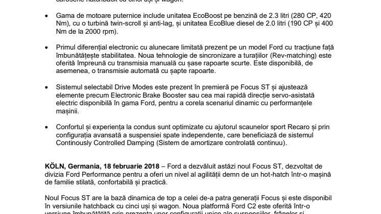 Noul Ford Focus ST combină performanțele de circuit cu dinamica de șosea într-o mașină care poate fi utilizată în viața de zi cu zi fără compromisuri