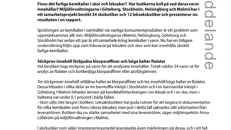 Undersökning om farliga kemikalier i leksaker och skor