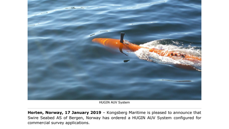Kongsberg Maritime: Swire Seabed AS orders a HUGIN Autonomous Underwater Vehicle 
