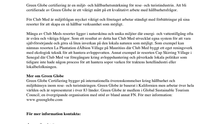 Club Med fortsätter satsning på miljöarbete