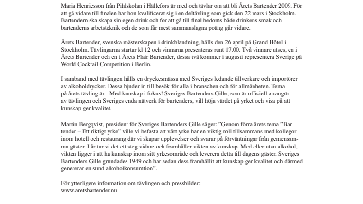 En finalist från Hällefors i Årets Bartender 2009 