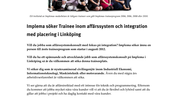 Implema söker Trainee inom affärssystem och integration med placering i Linköping