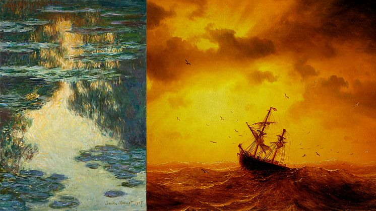 Claude Monet, Water Lillies. Photo: Hossein Sehatlou/Göteborgs konstmuseum. Marcus Larson, Stormy Sea, 1857. Photo: Nationalmuseum. 