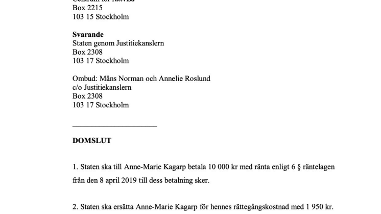 Tingsrättens dom Anne-Marie Kagarp mot staten