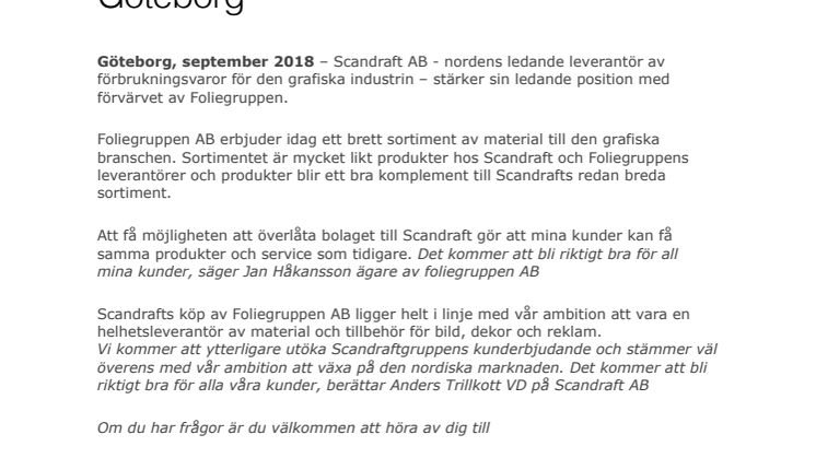 Scandraft fortsätter resan mot framtiden och förvärvar Foliegruppen AB i Göteborg