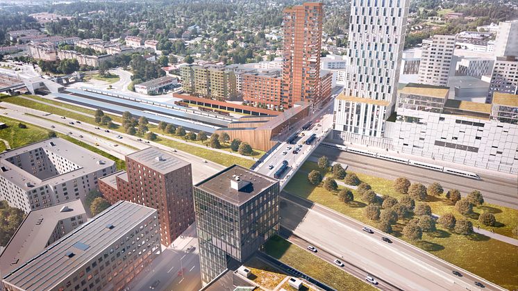 Norra Entrén vid Veddestabron, som går över spåren och E18. Längst till vänster syns nuvarande pendeltågstation. Bild: White Arkitekter
