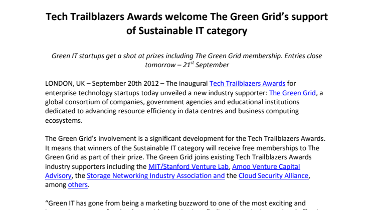 Tech Trailblazers Awards welcome The Green Grid’s support of Sustainable IT category