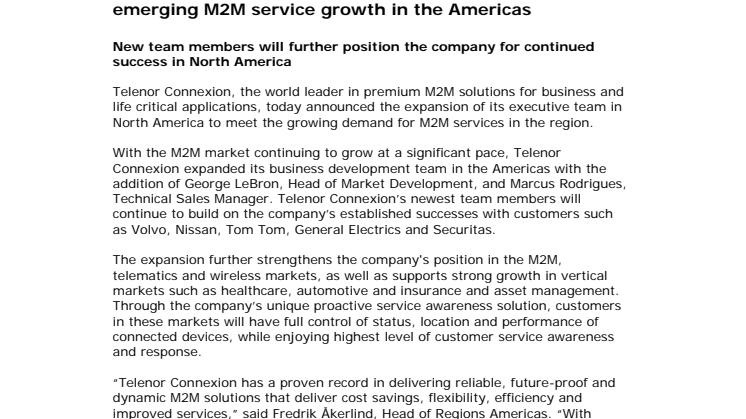 Telenor Connexion expands executive team to match emerging M2M service growth in the Americas
