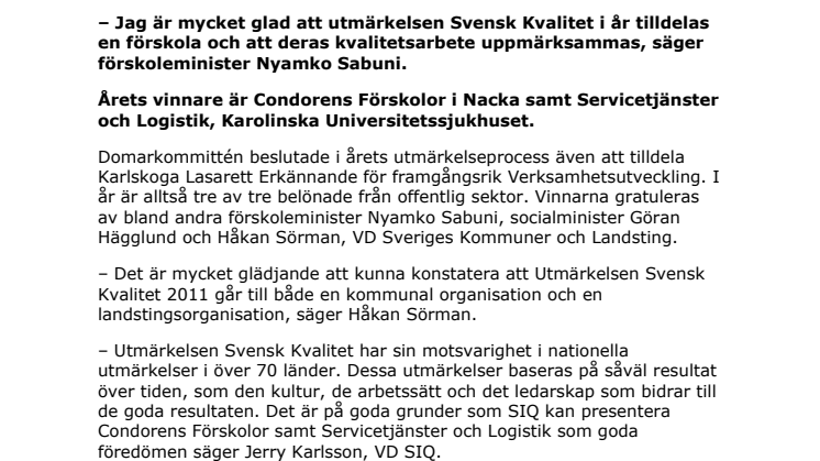 Vård och förskola vinnare av Utmärkelsen Svensk Kvalitet!