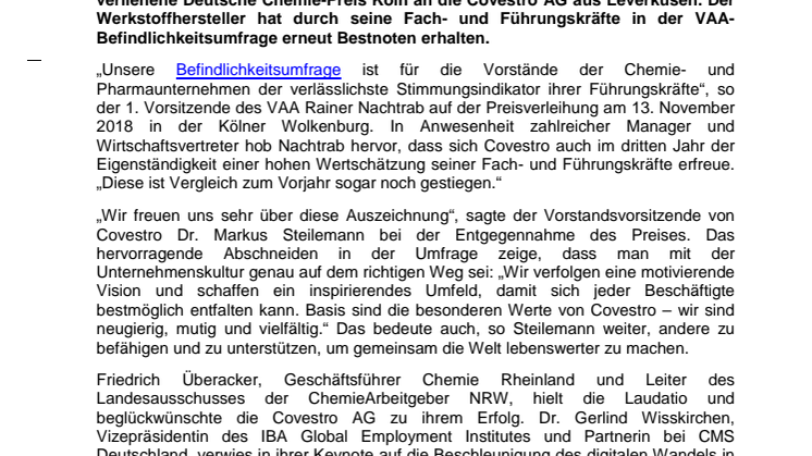 Covestro erneut mit dem Deutschen Chemie-Preis Köln ausgezeichnet