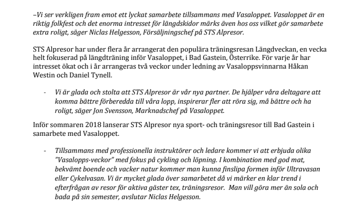 STS Alpresor ingår samarbete med Vasaloppet