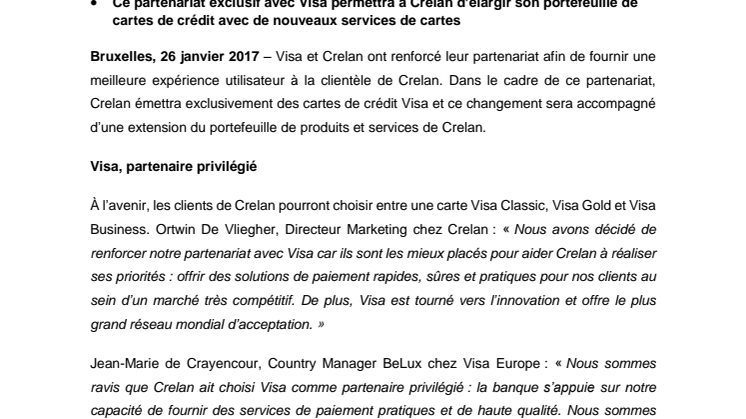 Crelan choisit Visa comme partenaire privilégié pour les cartes de crédit - Les titulaires de cartes Visa Crelan auront accès à de nouveaux services 