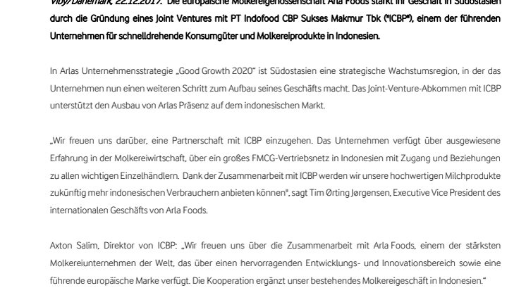 Joint Venture: Arla Foods stärkt seine Position auf dem südostasiatischen Markt