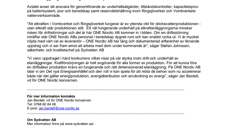 ONE Nordic AB hjälper Sydvatten AB att säkra dricksvattenproduktionen till 850 000 invånare i Skåne