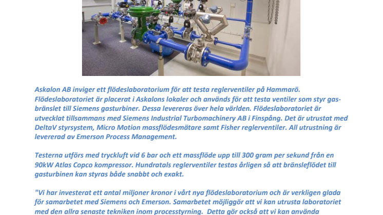 Askalon AB inviger flödeslaboratorium för reglerventiler tillsammans med Siemens Industrial Turbomachinery och Emerson Process Management.
