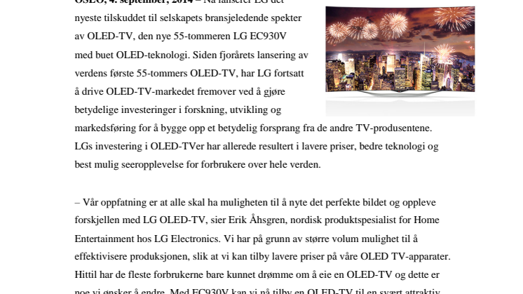 LG UTVIDER SELSKAPETS BRANSJELEDENDE OLED-TV-FAMILIE MED DEN BUEDE OG PRISVENNLIGE 55-TOMMEREN EC930V