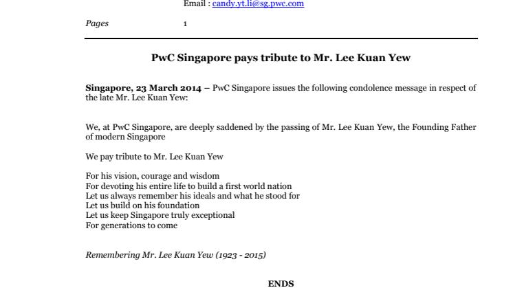 PwC Singapore pays tribute to Mr. Lee Kuan Yew