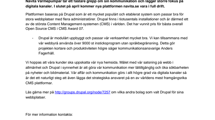 Navita Värmepumpar lanserar hemsidan Navita.se - baserad på Drupal. 