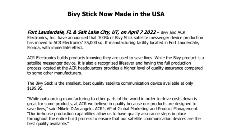 April 7 2022 - Bivy Stick Now Made in the USA.pdf