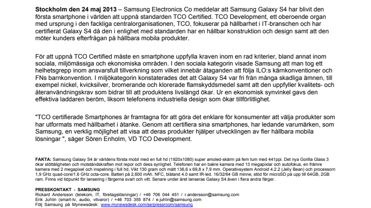 Samsung GALAXY S4 världens första smartphone att uppnå TCO Certified