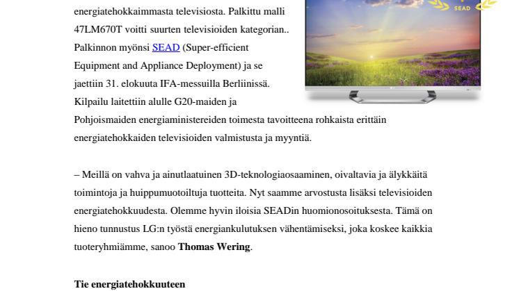 LG sai palkinnon Euroopan energiatehokkaimmasta televisiosta