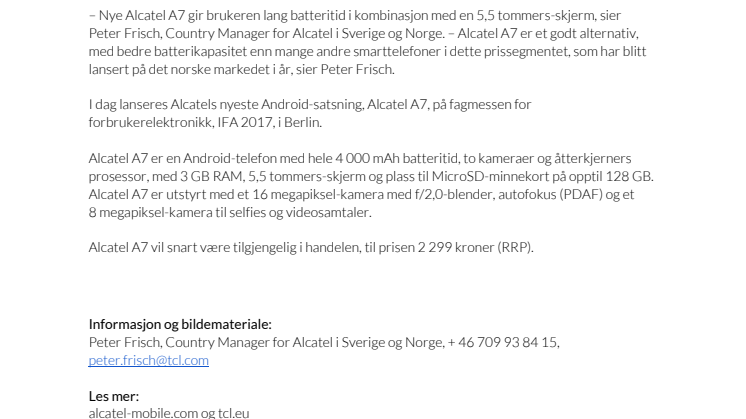 Kraftige Alcatel A7 lanseres i Norge