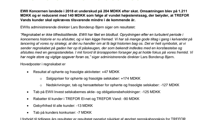 EWII afslutter oprydning med årsregnskab for 2018 og kigger fremad