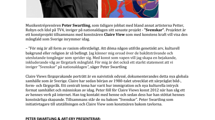 PETER SWARTLING MOT RASISM I NYTT KONSTPROJEKT