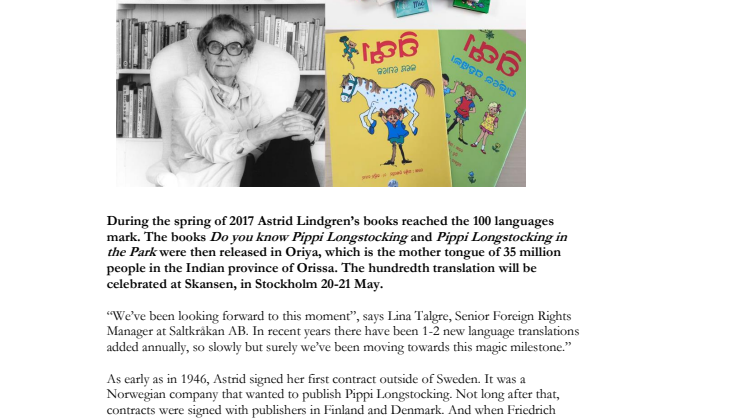 Astrid Lindgren now translated into 100 languages!