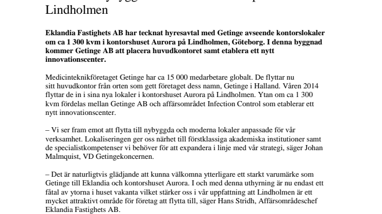 Getingekoncernen flyttar sitt huvudkontor till Eklandias nybyggda kontorshus Aurora på Lindholmen